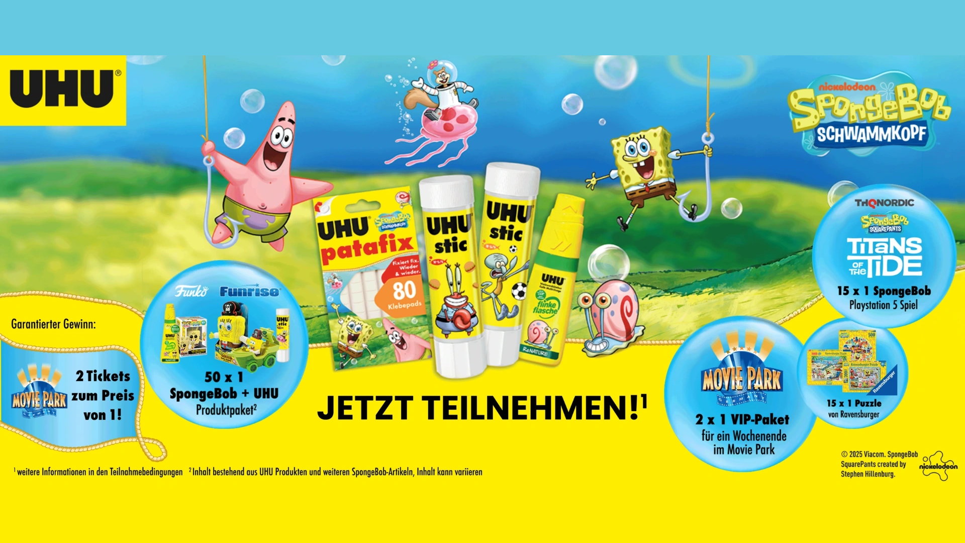 UHU x SpongeBob Gewinnspiel – Movie-Park-Wochenende, Spiele, Puzzle und Produktpakete gewinnen