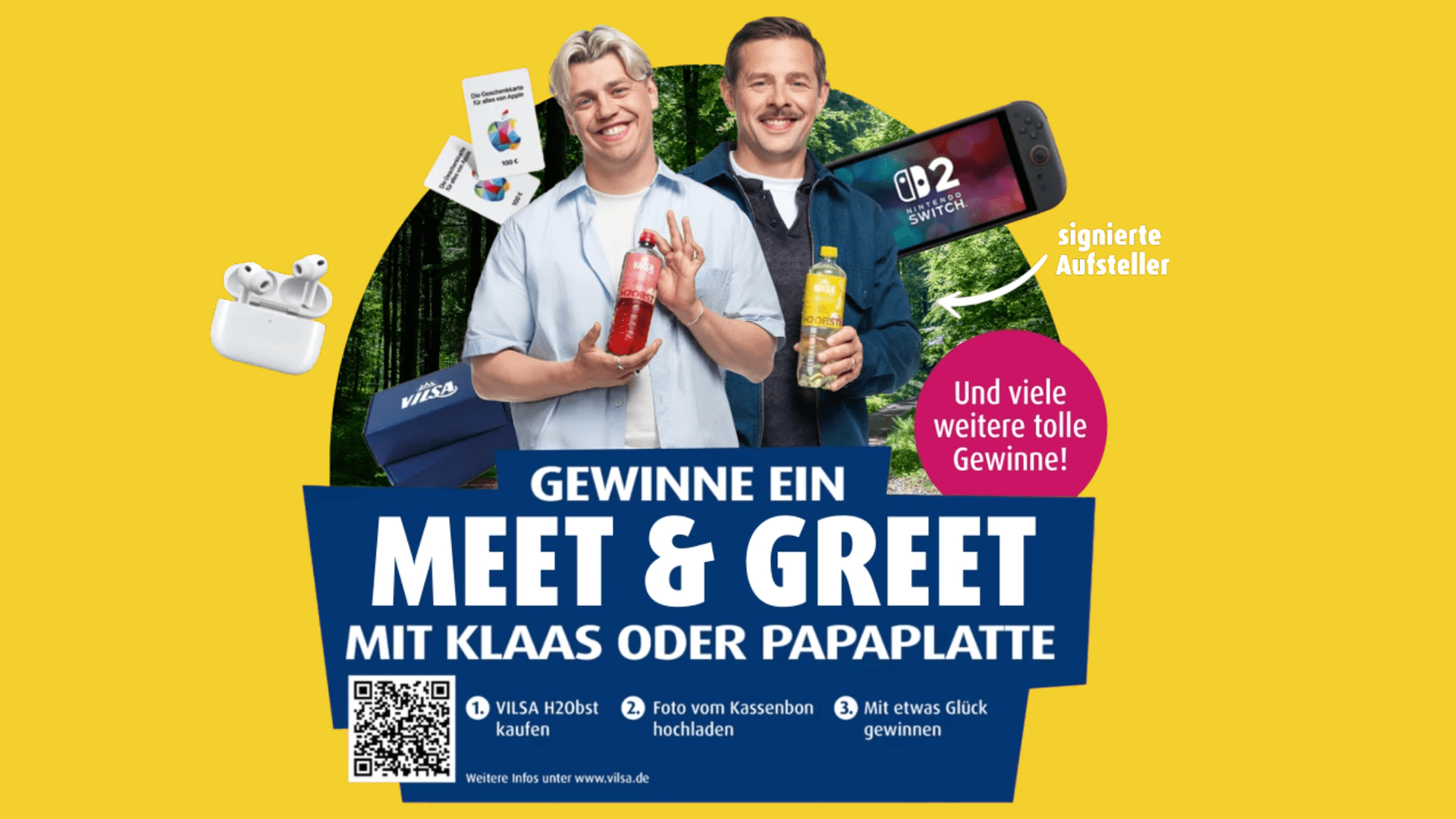 VILSA H2Obst Gewinnspiel – Meet & Greet mit Klaas oder Papaplatte, Nintendo Switch 2, Apple Gutscheine und mehr gewinnen