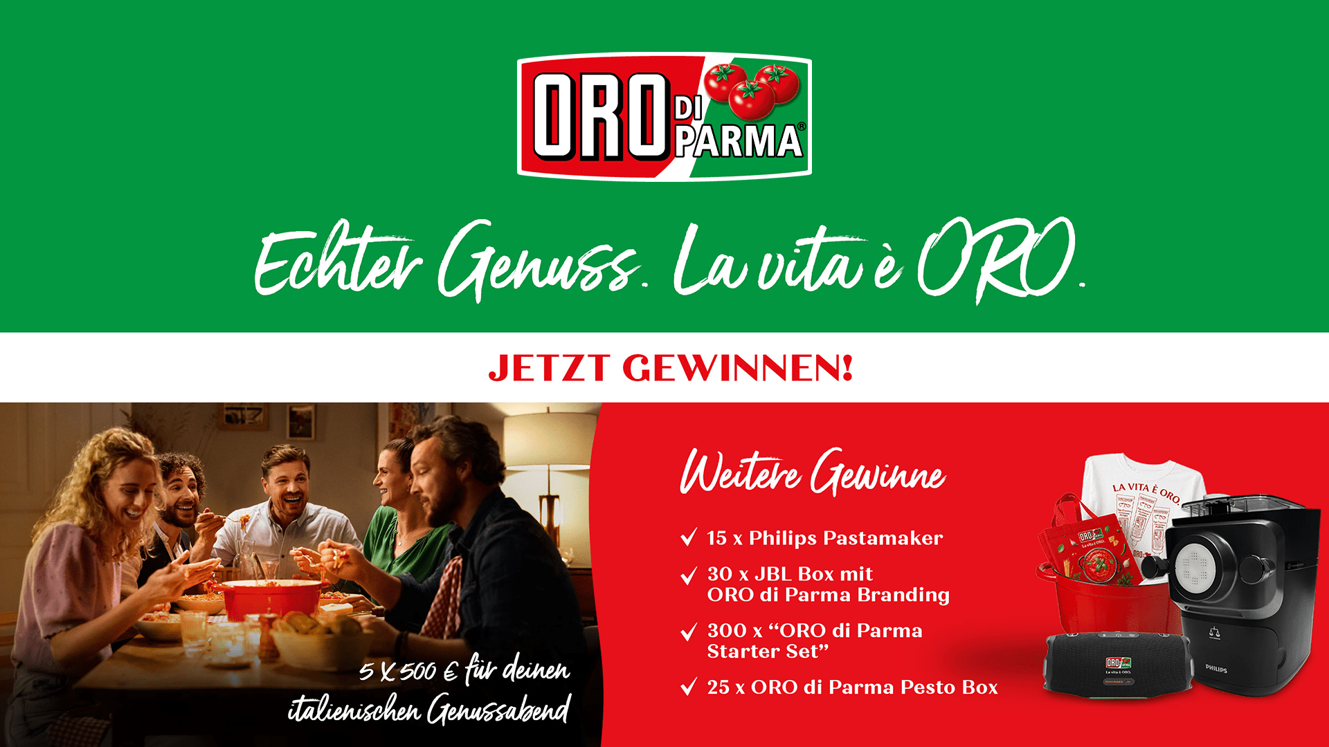 ORO di Parma Gewinnspiel – Genussabende, Pastamaker, JBL-Lautsprecher und Produktpakete gewinnen