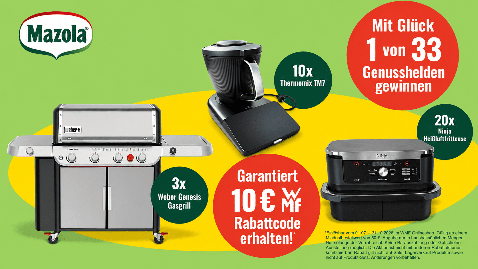 Mazola Gewinnspiel - Weber Gasgrill, Thermomix, Ninja Heißluftfritteuse oder WMF Rabattcode gewinnen