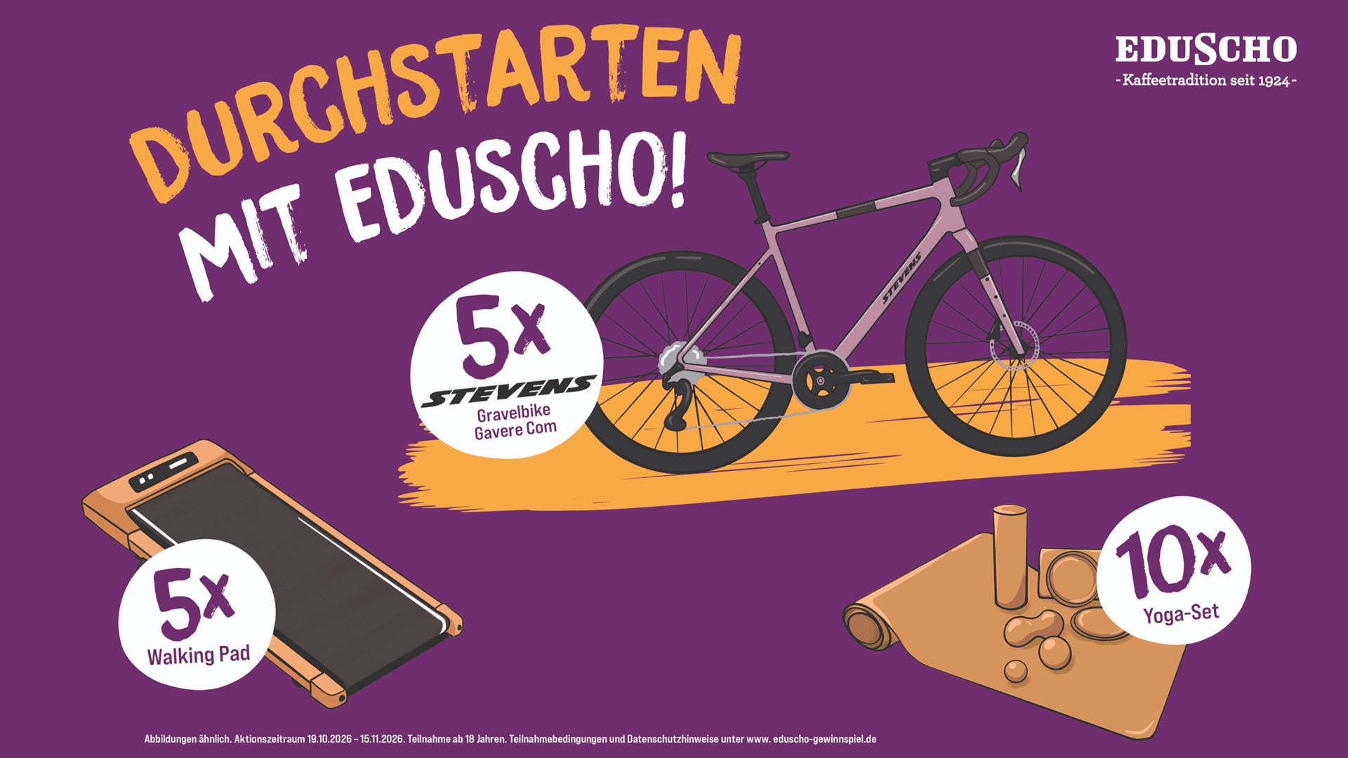 Eduscho Gewinnspiel - Gravelbike, Walking Pad oder Yoga-Sets gewinnen