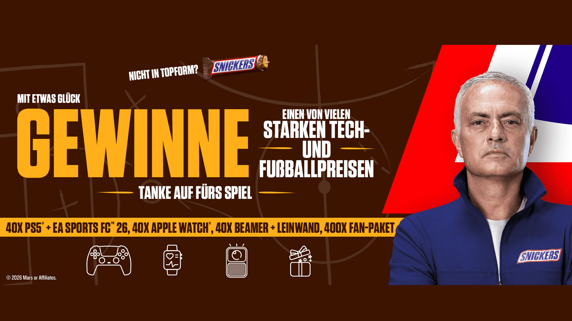 SNICKERS Gewinnspiel – Gewinne Apple Watch, PlayStation 5, Projektor-Set und Fan-Pakete