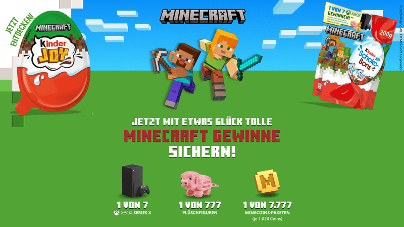 kinder Joy & kinder Schoko-Bons Gewinnspiel – Plüschschwein, Xbox Series X oder Minecoins gewinnen