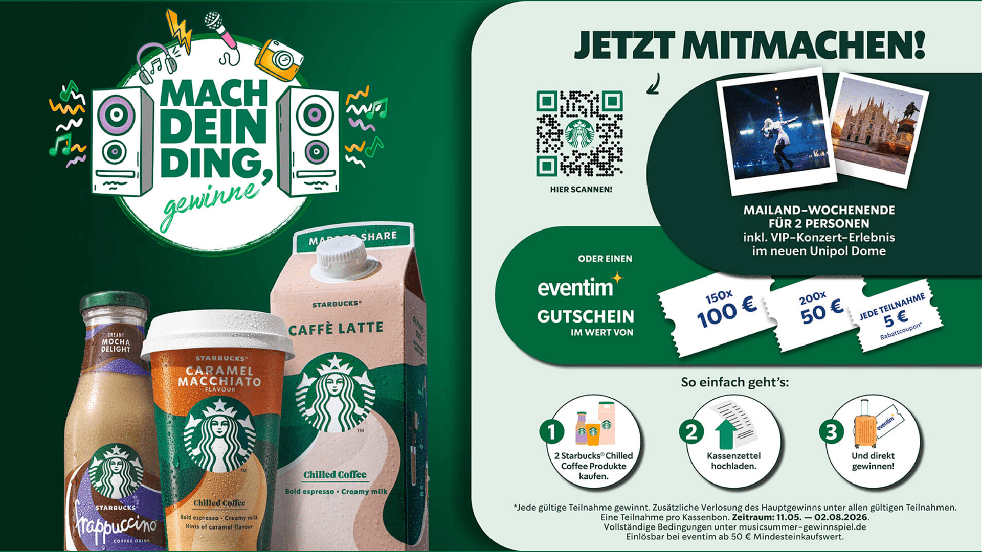Starbucks Gewinnspiel – Gewinne eine Mailand-Reise, Eventim- oder Oeticket-Gutscheine